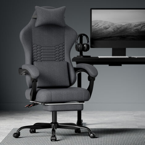 Silla de oficina gamer ergonómica de tela con reposacabezas, reposapiés y respaldo reclinable, negro