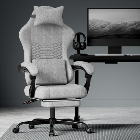 Silla de juego ergonómica de tela con reposacabezas, reposapiés y reposabrazos sincronizados, gris claro