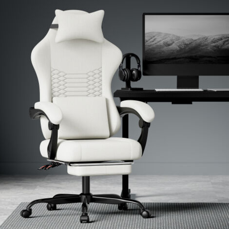 Silla de juego ergonómica de tela con reposacabezas, reposapiés y función de masaje, blanco