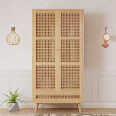 Armario con dos puertas, perchero, malla de ratán, tapa abatible – En tableros de partículas y ratán PE, tono natural – 90x45x183 cm