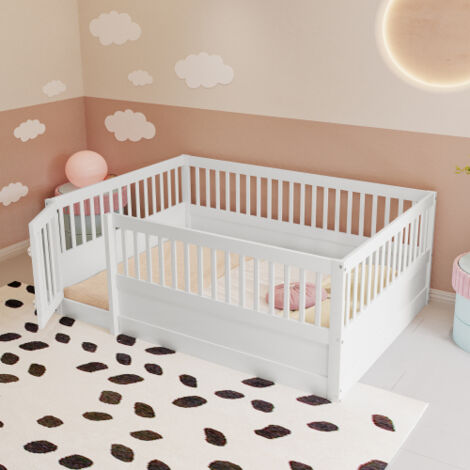 Cama infantil 140x200 cm, marco de cama de madera con barandilla y puerta, blanca