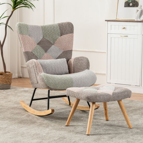 Sillón mecedora multicolor con reposapiés y 1 cojín lumbar, silla relax, 83x68x91 cm