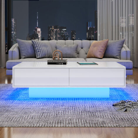 Mesita auxiliar cuadrada brillante blanca con 2 cajones e iluminación LED 115x55x34 cm