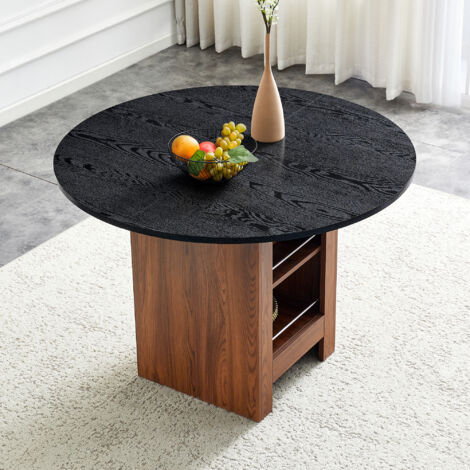 Mesa redonda con estante de almacenamiento, marco metálico, imitación nogal, para 2-4 personas, 100x100x76 cm (1/5)