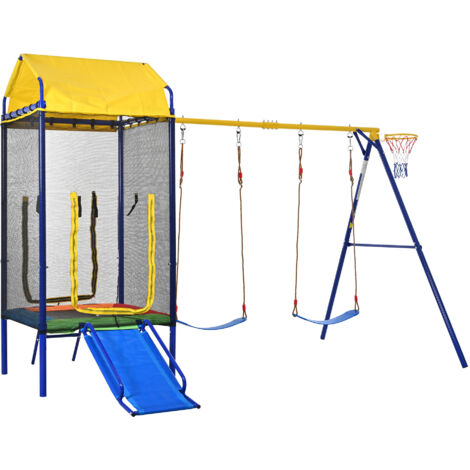 Área de juegos exterior 4 en 1 con trampolín, doble columpio, tobogán y canasta, estructura de hierro colorida