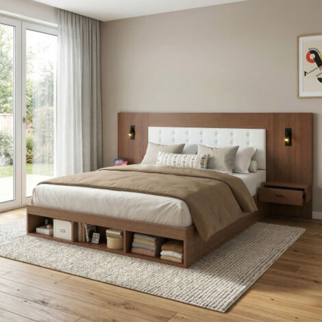 Cama adulto 180x200 cm con almacenamiento y mesillas de noche, puertos USB y Type-C, en madera, nogal, sin colchón