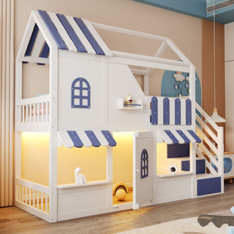 Cama litera 90x200 cm, cama infantil con ventanas, techo, alero, barandillas y puerta, escalera de almacenamiento, iluminación LED y estantes, en blanco y azul, sin colchón