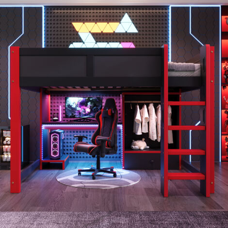 Camas altas 140x200 cm con escritorio y almacenamiento, con LED, en madera, negro y rojo, sin colchón