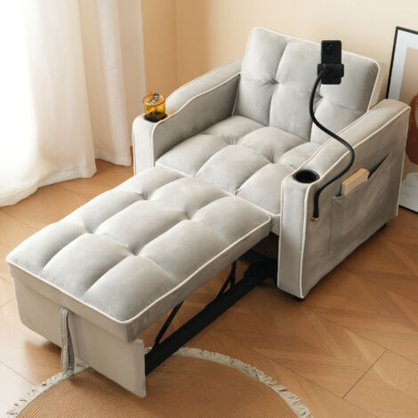 Sillón relax con portavasos y soporte para teléfono, sillón convertible en cama individual, gris, 83x167x76 cm