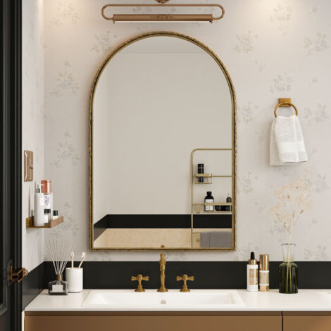 Espejo mural arqueado, espejo de baño con marco en metal, bronce, 61x91 cm