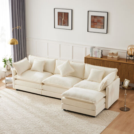 Sofá esquinero en forma de L con reposapiés, tres plazas, tela de chenilla color beige