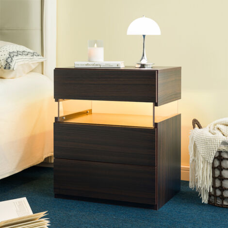 Mesitas de noche LED, cómoda de 3 cajones para mesa auxiliar de dormitorio con panel acrílico, mesitas de noche LED para dormitorio, salón, muebles de noche,nogal