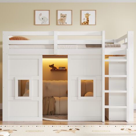 Litera alta 140x200 cm con armario integrado y LED, con 2 ventanas, en madera, blanco - sin colchón