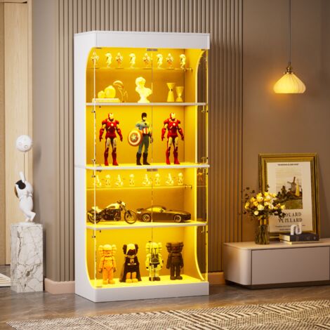 Vitrina blanca 80x35x165 cm, en vidrio y paneles de partículas, 4 estantes, 2 puertas, con LED, sensor y USB-C