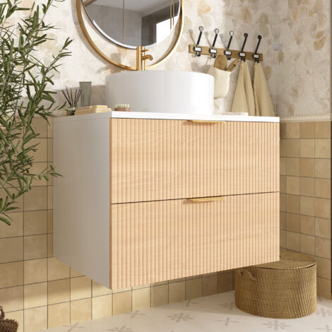Mueble de lavabo mural 60 cm, con lavabo y 2 cajones, almacenamiento, en MDF, madera natural