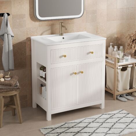 Mueble de baño con lavabo en cerámica, 1 cajón y 1 puerta con cierre suave, diseño acanalado, blanco, 81x46.5x86.5 cm