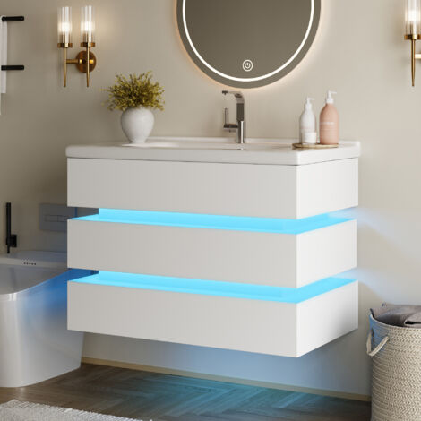 Mueble de baño mural con iluminación LED, mueble bajo lavabo en cerámica, cajones con cierre suave, blanco