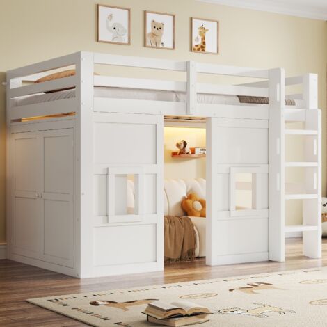 Litera alta 90x200 cm con armario integrado, 2 ventanas y LED, en madera, blanco - sin colchón