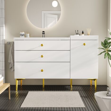 Mueble de baño con lavabo en cerámica, cajones y armario, blanco y dorado, 120x47.5x80 cm