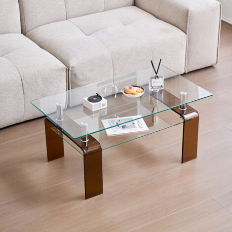 Mesa baja de salón transparente en cristal templado de 2 niveles con estante de almacenamiento y patas marrones, 100x55x45 cm