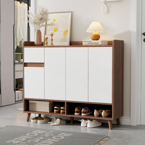 Mueble para zapatos y aparador con 4 puertas y 1 cajón, estantería regulable, gran espacio de almacenamiento, blanco y natural, 120x35x99 cm