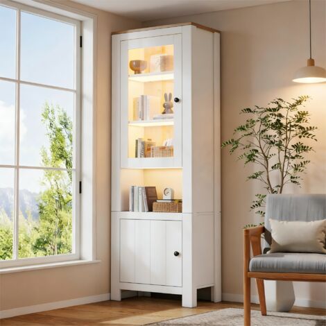 Vitrina con LED y estantes ajustables, 2 puertas, en blanco y natural, 70x40x188 cm