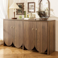 Aparador efecto nogal con 4 puertas, estantes regulables y tiradores de aluminio, 147×40×80 cm