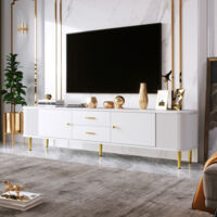 Mueble TV blanco 170 cm con cajones, esquinas curvas y patas doradas, 170x34x45 cm