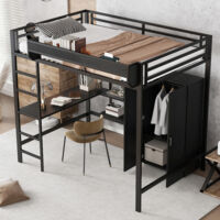 Cama altillo 140x200 cm con escritorio y armario, almacenamiento y estante, de metal, negro, sin colchón