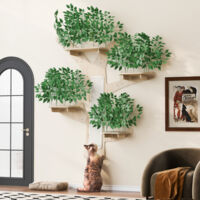 Árbol para gatos mural diseño en madera de pino con rascadores y plataformas, verde, 210 x 155 cm