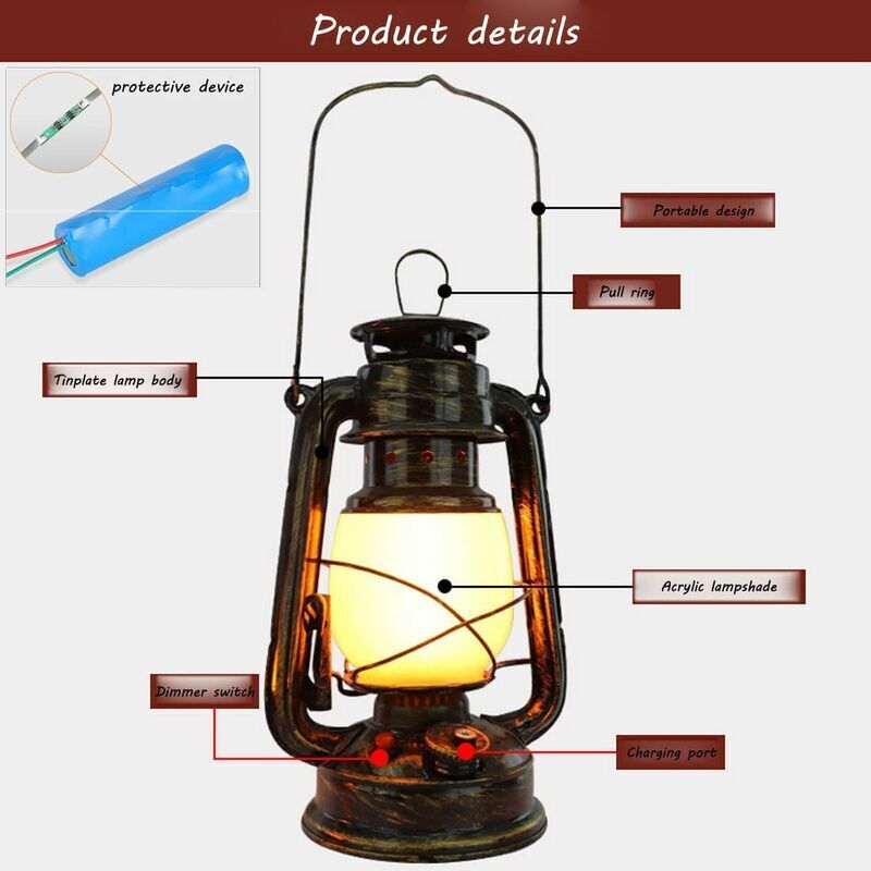 Lanterne Vintage LED Rechargeable Avec Effet Flammes | Pour Jardin, Terrasse, Décoration Intérieure - Bronze