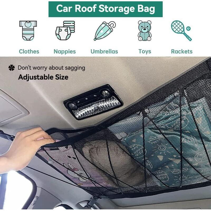 Filet De Rangement Pour Toit De Voiture 90x65 Cm - Noir, Polyester - Pour SUV, Fourgonnette Avec 4 Rails - Jusqu'à 10 Kg