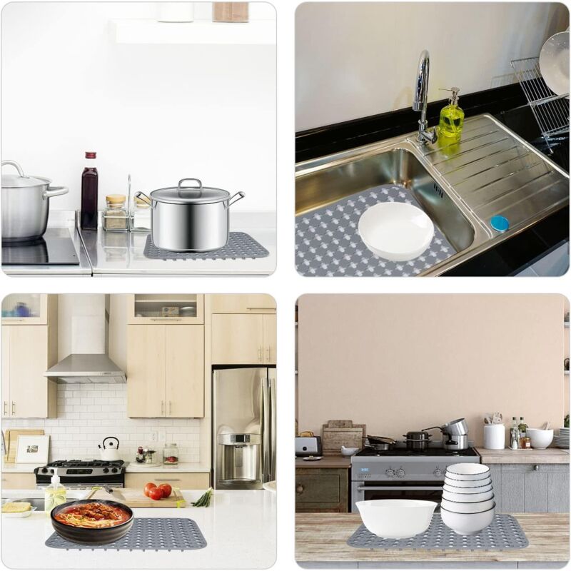 MOSTWOGO-Lot De 2 Tapis D'évier De Cuisine En Silicone Pour Fond Devier De Cuisine En Acier Inoxydable Antiderapant Et Resistant Aux Rayures Drain Arriere Gris 34 X 39 Cm