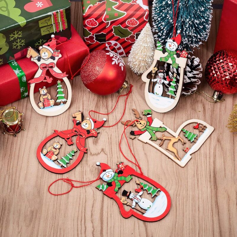 200 Pièces Décorations Noël Bois Mini Pendentifs Rouge Blanc - Ornements Sapin Bricolage Mini Décorations Bois Noël