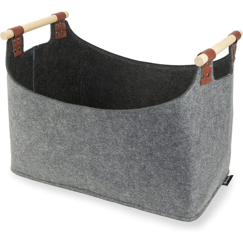 Panier à Bûches En Feutre XL 45x32x40 Cm - Panier à Bois Pliable, Poignées Bois, Pour Cheminée, Rangement, Jouets (Gris Foncé)