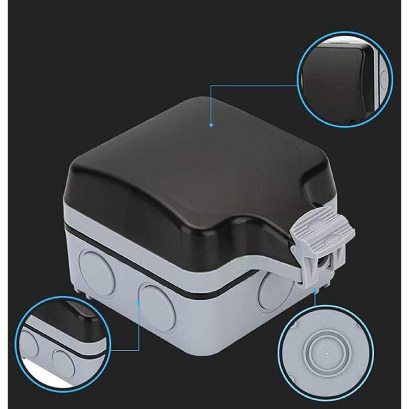 Prise Extérieure étanche IP66 Avec Volet - Noir, 16A 220-250V - Pour Jardin, Piscine, Garage - Kit D'installation Inclus