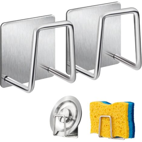 Support pour Éponge- Crochet pour éponge à vaisselle en acier inoxydable 304, adhésif - Accessoires pour évier - Crochet adhésif, rangement de la cuisine et la salle de bain (2PACK, argent). (1/5)