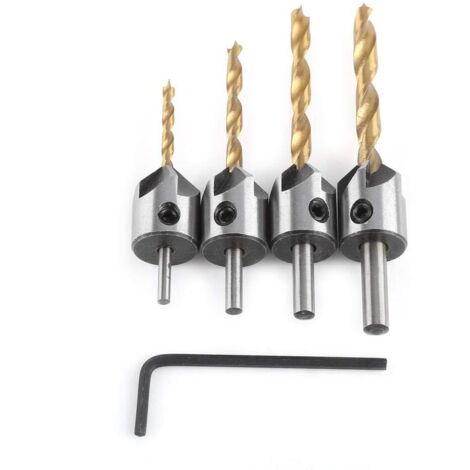Chanfrein, Jeu de Forets à Chanfreiner Alésoir de Menuiserie, Countersink Mèche Foret avec Clé Hexagonale(4pcs,3-6mm) (1/3)