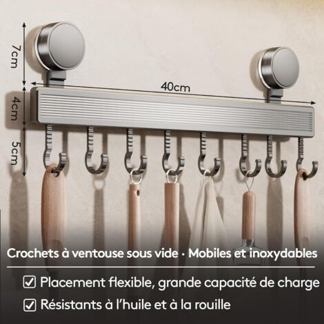 Barre De Cuisine Ustensiles Sans Perçage 40 Cm - 10 Kg Capacité Avec 8 Crochets Mobiles Et Ventouse