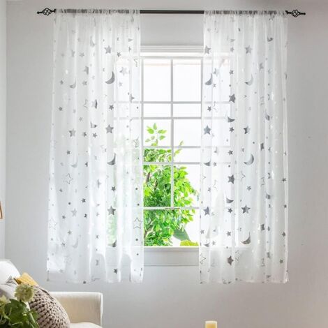 Rideaux de fenêtre semi-transparents de 1 m de long pour chambre de fille, chambre à coucher, joli motif lune et étoiles, rideaux transparents en tulle, 2 panneau, 1 m x 1,3 m