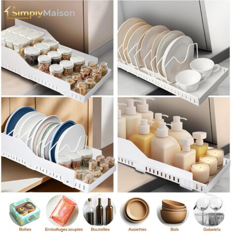 Simply Maison Tiroir Coulissant Cuisine XL 52 Cm – Gain De Place XXL Pour Placard 60 Cm, Antichute 12 Cm, Adhésif Ou Vis, Idéal Pour Couvercles, Poêles, Assiettes