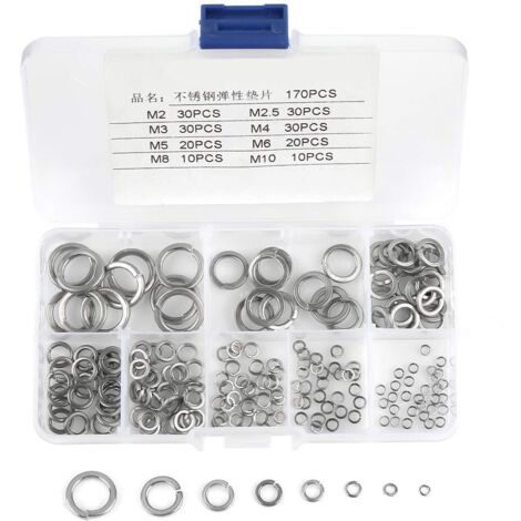 180pcs 8 Taille Coffret Assortiment de Rondelles de Ressort en acier inoxydable 304, Kit Rondelles de Ressort M2 M2.5 M3 M4 M5 M6 M8 M10 (1/5)