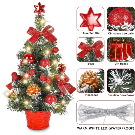 Sapin De Noël Artificiel Mini 60 Cm Avec Guirlande LED Et Décorations - Pour Table, Bureau, Décoration Maison - PVC, Réutilisable