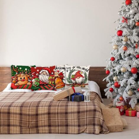 4 Housses De Coussin Noël 45x45cm - Lin Décoratif Avec Motifs Festifs - Pour Canapé, Salon, Chambre