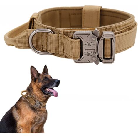 Collier de Chien Tactique - Militaire Collier avec Poignée de Commande, Réglable Nylon Chien Rembourré pour Chiens de Taille Moyenne Grand Entraînement (XL, Brun)