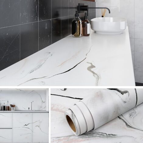 Ersandy – Papier adhésif décoratif marbre blanc avec veines canard œuf bleu 40CMx5M – Lavable et imperméable – Pour meubles et crédences cuisine