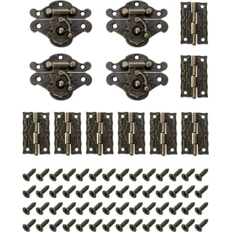 Lot de 4 Verrous vintage antique, fermoir boite verrou décoratifs antiques avec 8 charnières et 56 vis pour décoratifs cabinet armoire Boîte (1/5)