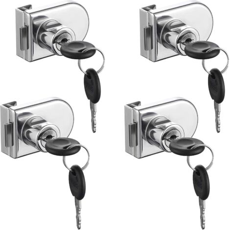 Serrure de Porte en Verre, 4 pièces Serrures à Came, Verrouillage de Sécurité de la Vitrine de l'armoire de Porte en Verre pour Porte en Verre de 5-8 mm Sans Perçage ( avec 8 clés)