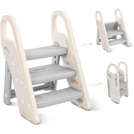 Marche Pied Pliable pour Enfant, Marchepied 3 Marches pour bébé, Marchepieds Hauteur réglable pour Chambre de bébé Rehausseur Stable, Multifonction et Antidérapant, avec Poignées Sécurité,654946cm,Gri