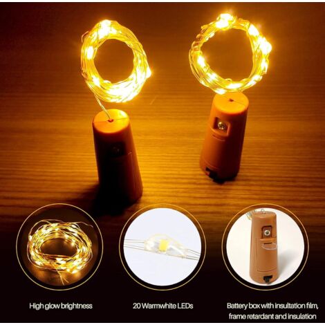Guirlande LED Avec Bouchons Pour Bouteilles - 10 Lumières Blanc Chaud, Fil De 2,2 M - Pour Fêtes, Mariages, Jardin